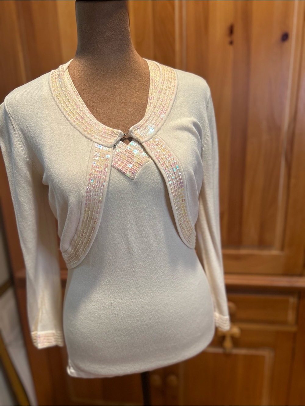 Cream Sequined Trim Women's Bolero Cardigan and tank